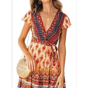 Zesica Women's Bohemian Colorful Wrap Dress V-Neck Short Sleeve Medium